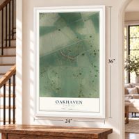 Oakhaven, Arkansas map, 24 x 36 inch print in a white frame by a staircase