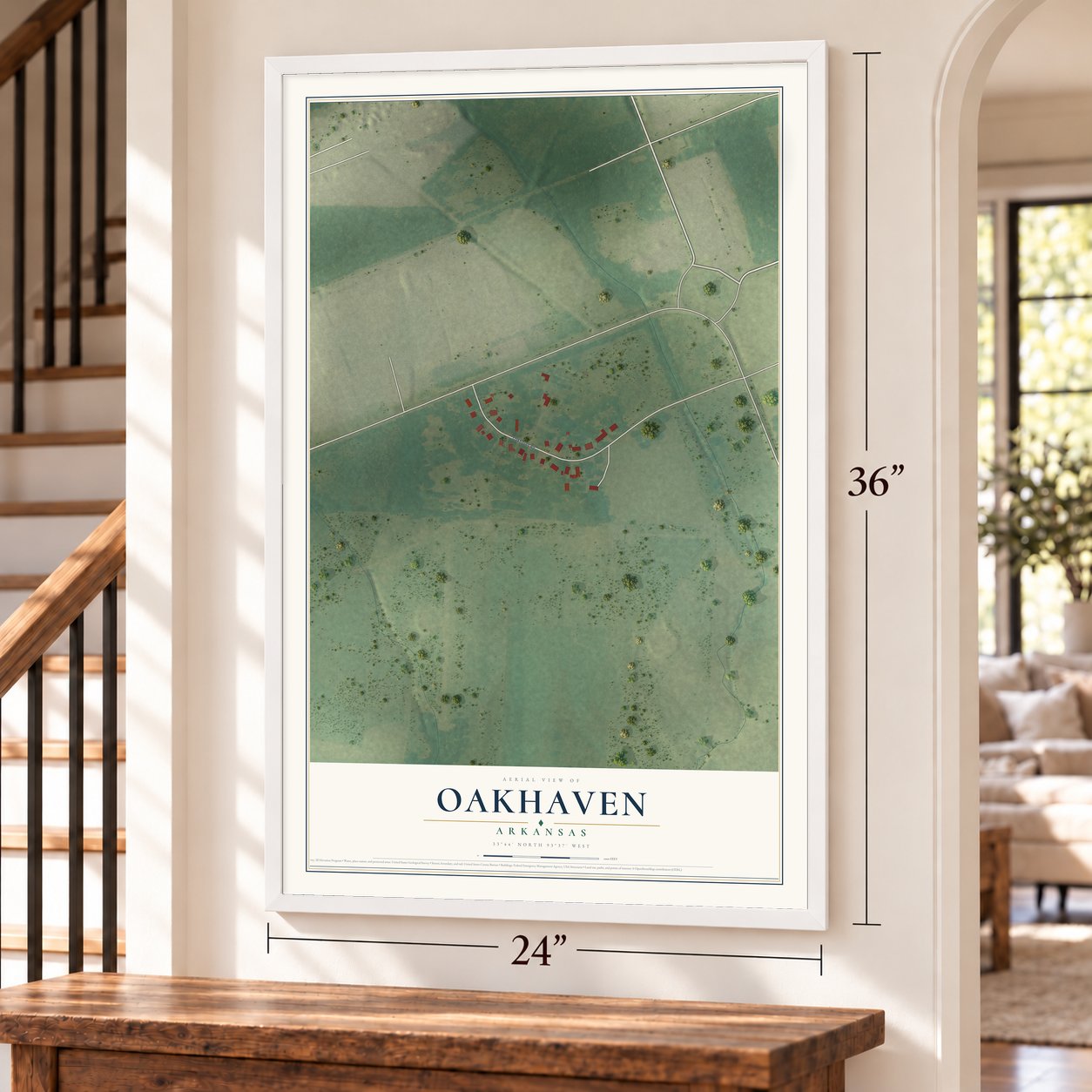 Oakhaven, Arkansas map, 24 x 36 inch print in a white frame by a staircase