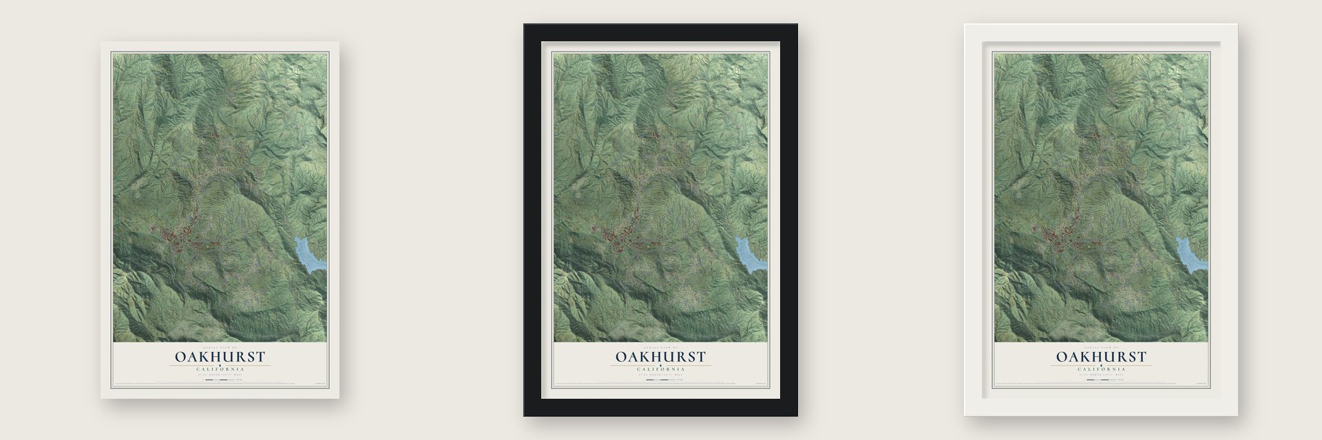 Oakhurst, California map unframed, in a black wood frame and in a white wood frame