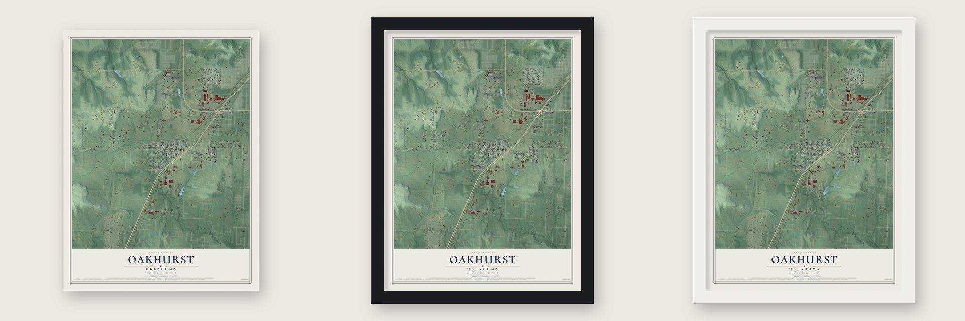 Oakhurst, Oklahoma map unframed, in a black wood frame and in a white wood frame