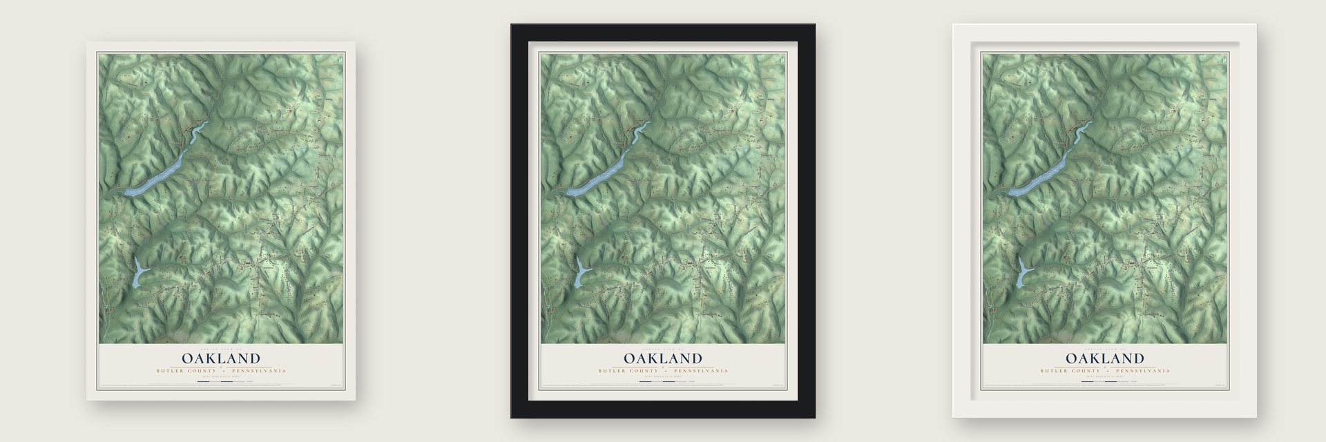 Oakland, Butler County, Pennsylvania map unframed, in a black wood frame and in a white wood frame