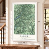 Oakland, Butler County, Pennsylvania map, 24 x 36 inch print in a white frame by a staircase