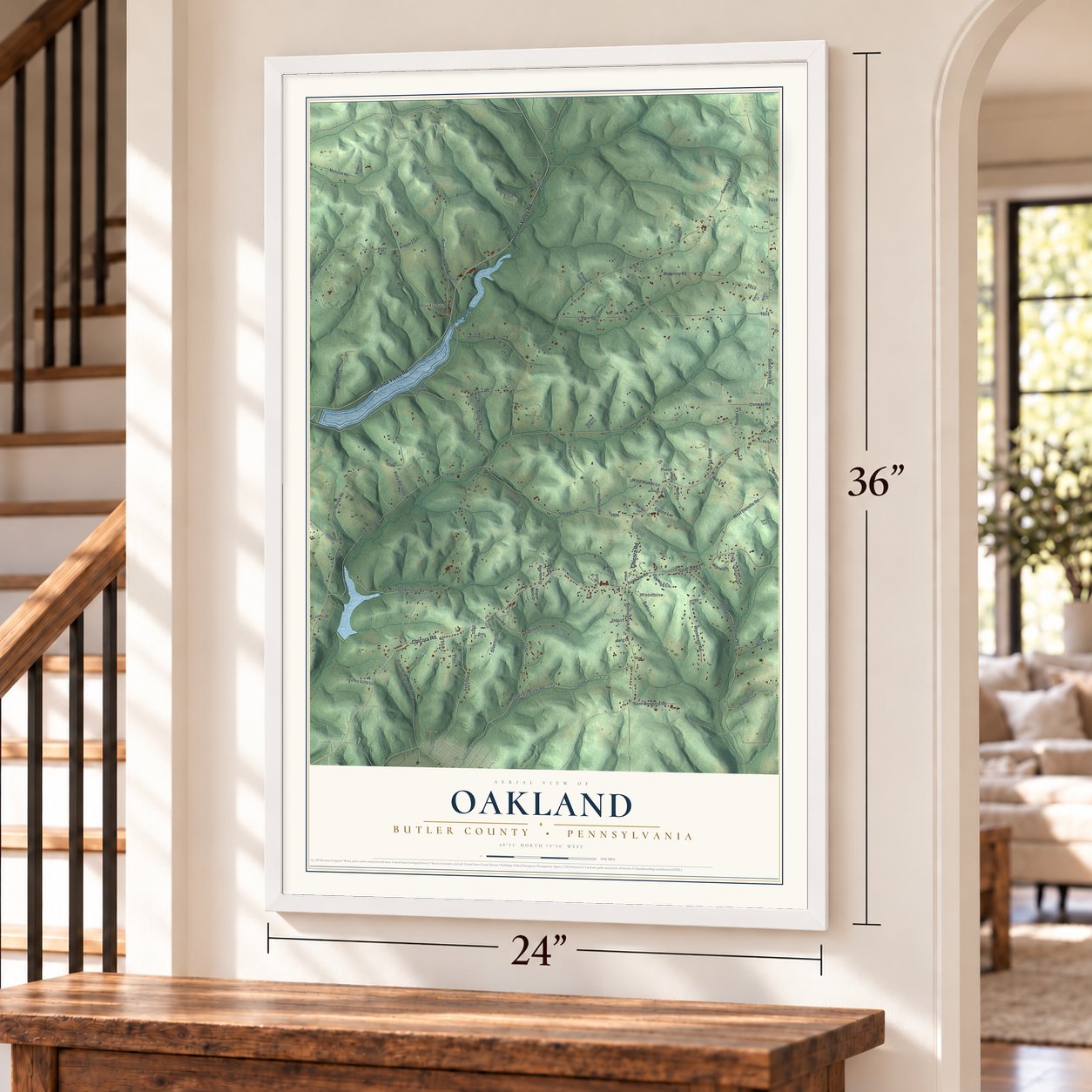Oakland, Butler County, Pennsylvania map, 24 x 36 inch print in a white frame by a staircase