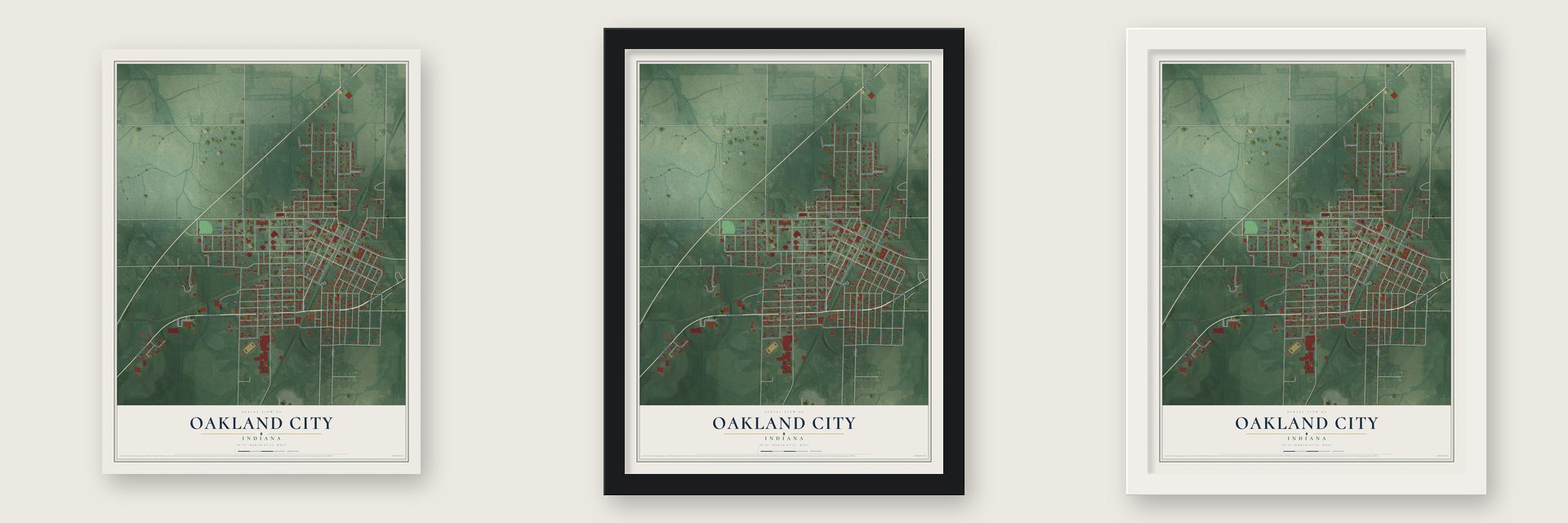 Oakland City, Indiana map unframed, in a black wood frame and in a white wood frame