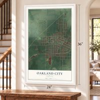 Oakland City, Indiana map, 24 x 36 inch print in a white frame by a staircase