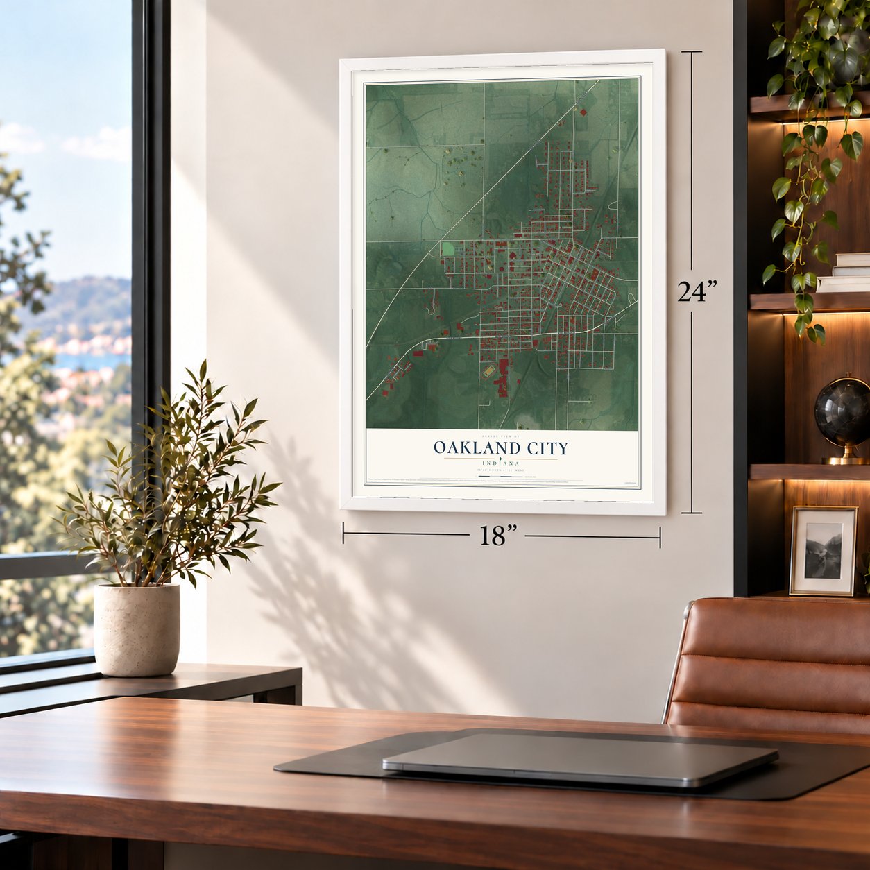 Oakland City, Indiana map, 18 x 24 inch print in a white frame in a home office