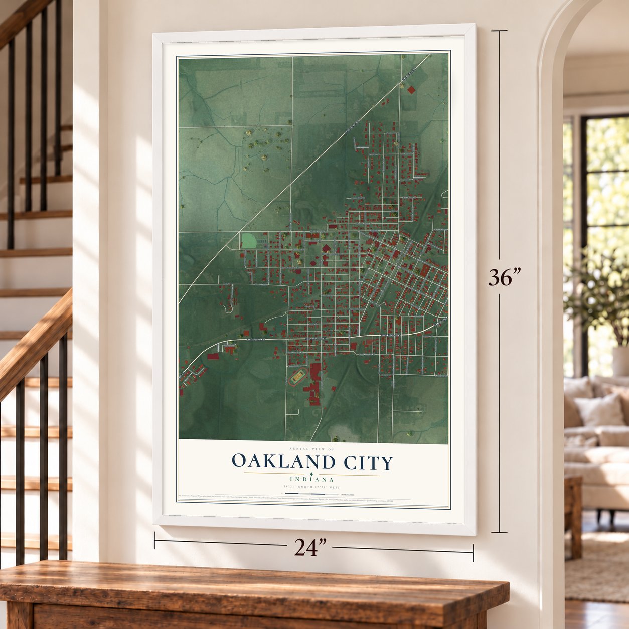 Oakland City, Indiana map, 24 x 36 inch print in a white frame by a staircase