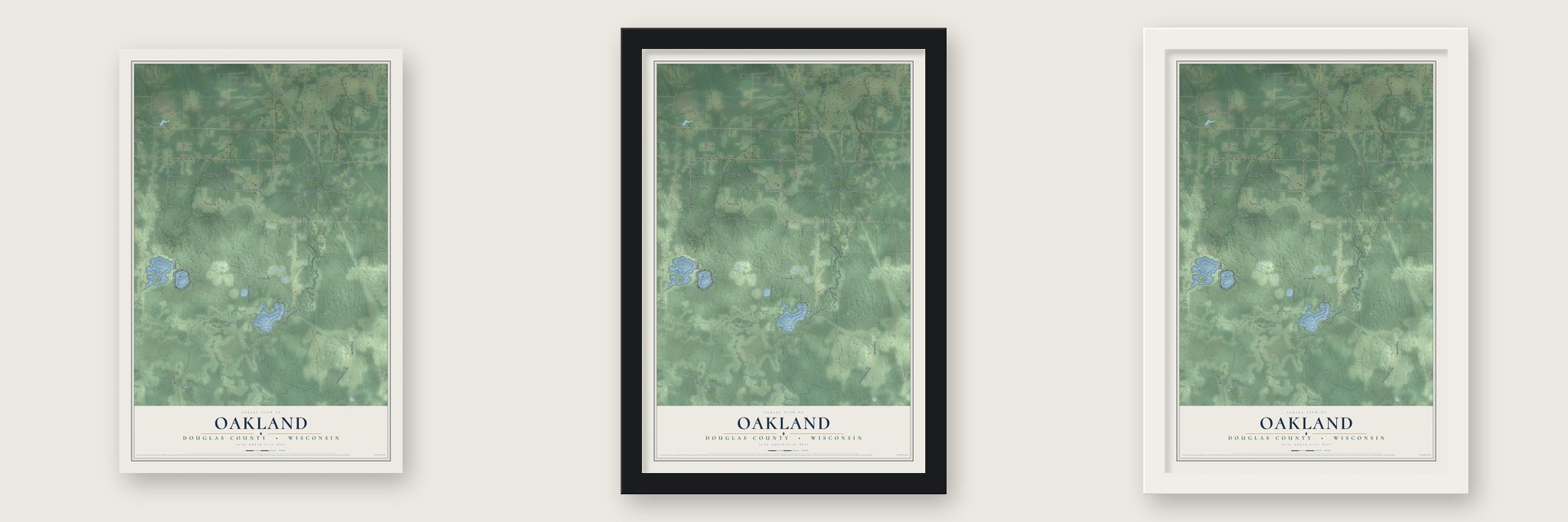 Oakland, Douglas County, Wisconsin map unframed, in a black wood frame and in a white wood frame