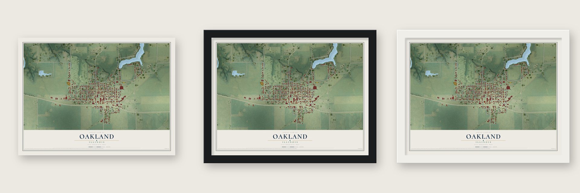 Oakland, Illinois map unframed, in a black wood frame and in a white wood frame
