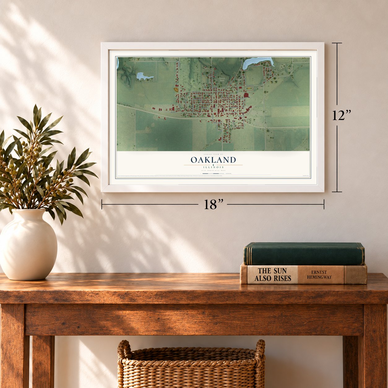 Oakland, Illinois map, 12 x 18 inch print in a white frame in an entryway