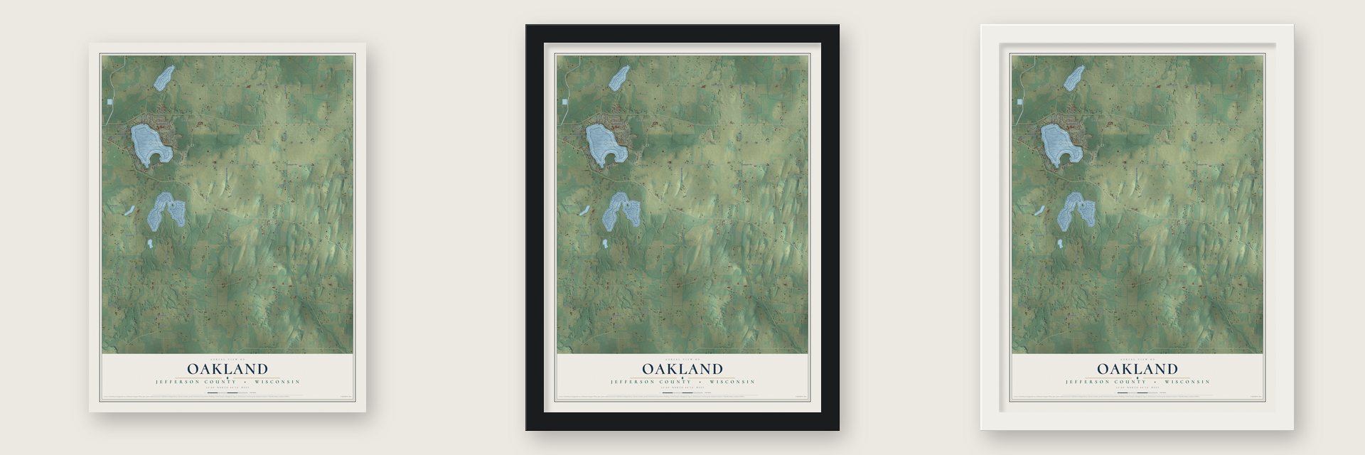 Oakland, Jefferson County, Wisconsin map unframed, in a black wood frame and in a white wood frame