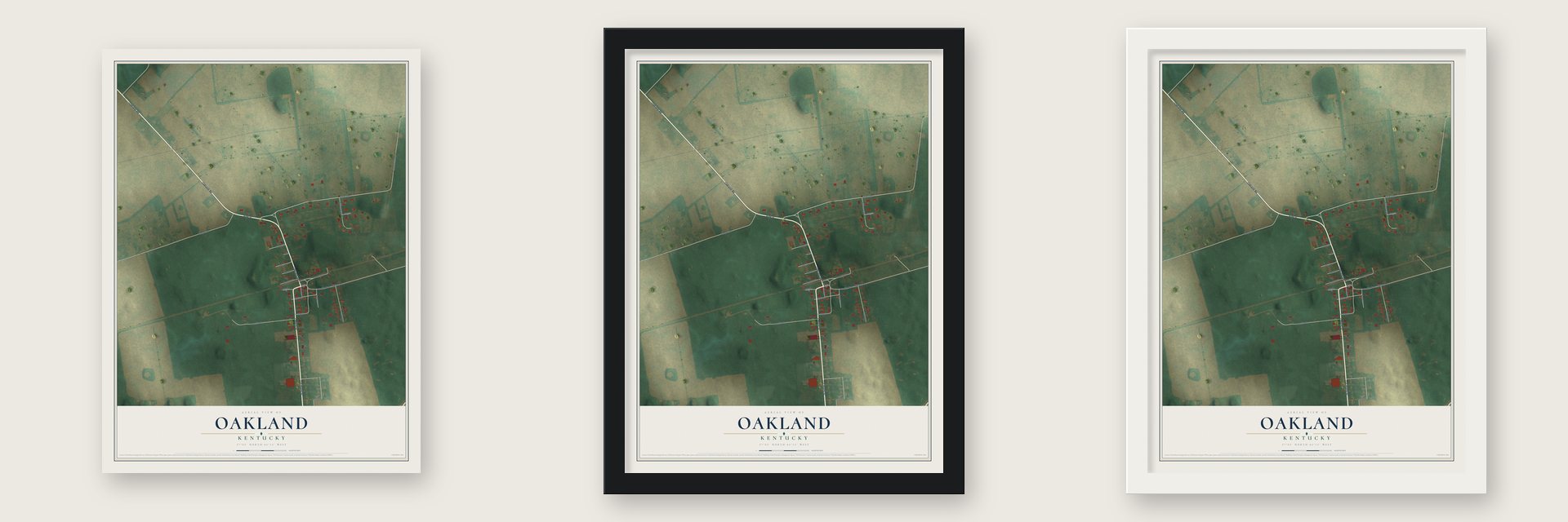 Oakland, Kentucky map unframed, in a black wood frame and in a white wood frame