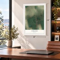 Oakland, Kentucky map, 18 x 24 inch print in a white frame in a home office