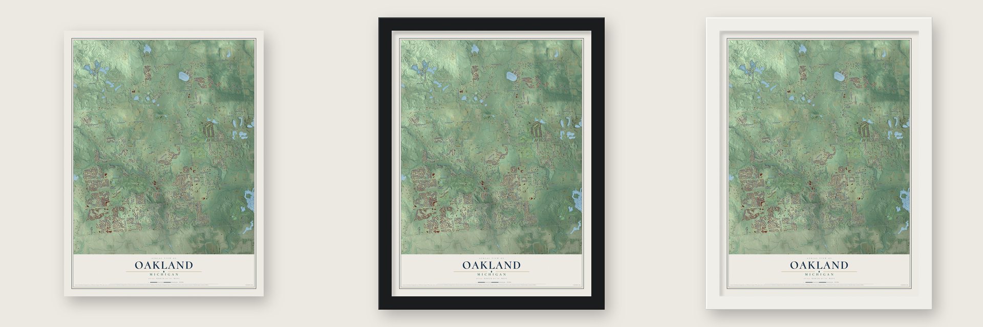 Oakland, Michigan map unframed, in a black wood frame and in a white wood frame