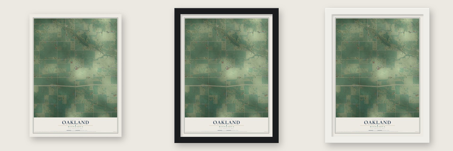 Oakland, Minnesota map unframed, in a black wood frame and in a white wood frame