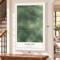 Oakland, Minnesota map, 24 x 36 inch print in a white frame by a staircase