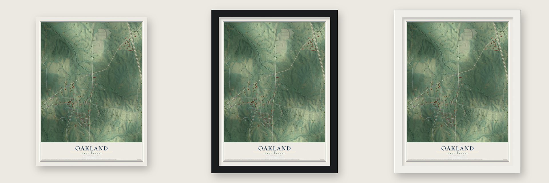 Oakland, Mississippi map unframed, in a black wood frame and in a white wood frame