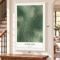 Oakland, Mississippi map, 24 x 36 inch print in a white frame by a staircase