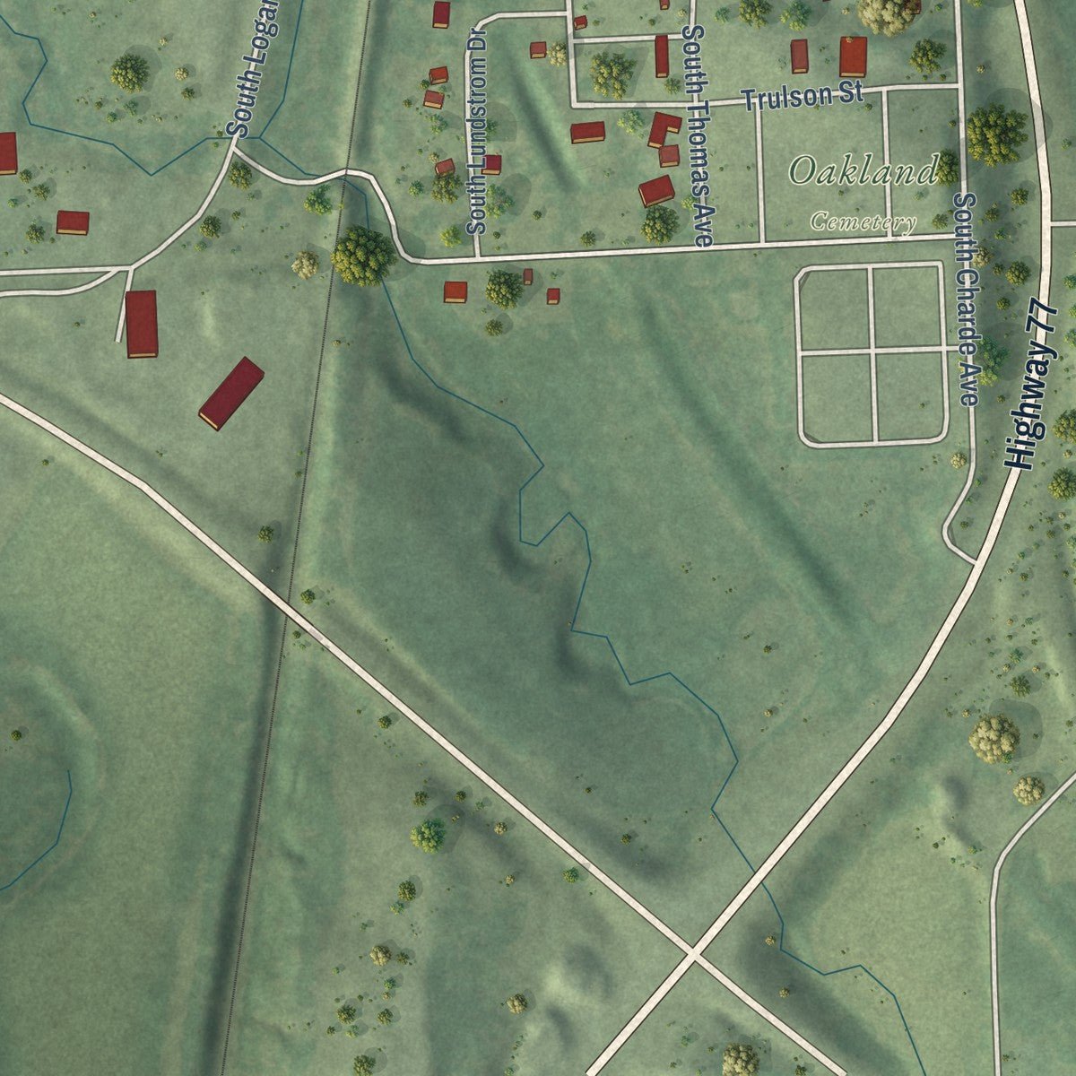 Second close-up of the map of Oakland, Nebraska print showing more streets and buildings