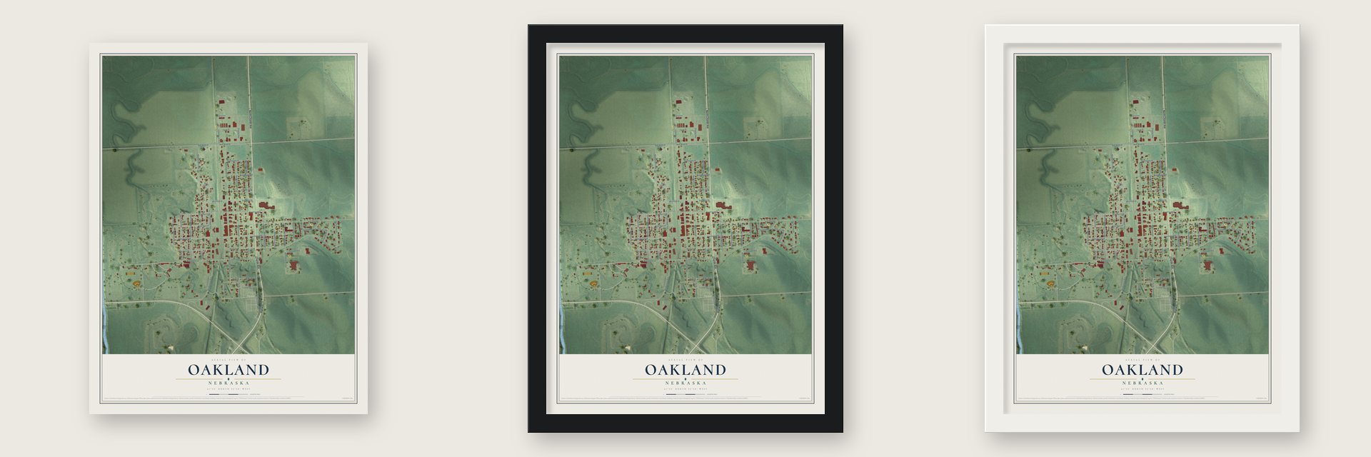 Oakland, Nebraska map unframed, in a black wood frame and in a white wood frame