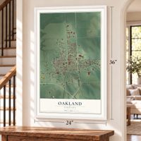 Oakland, Nebraska map, 24 x 36 inch print in a white frame by a staircase