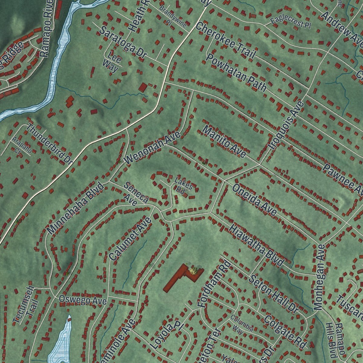 Second close-up of the map of Oakland, New Jersey print showing more streets and buildings