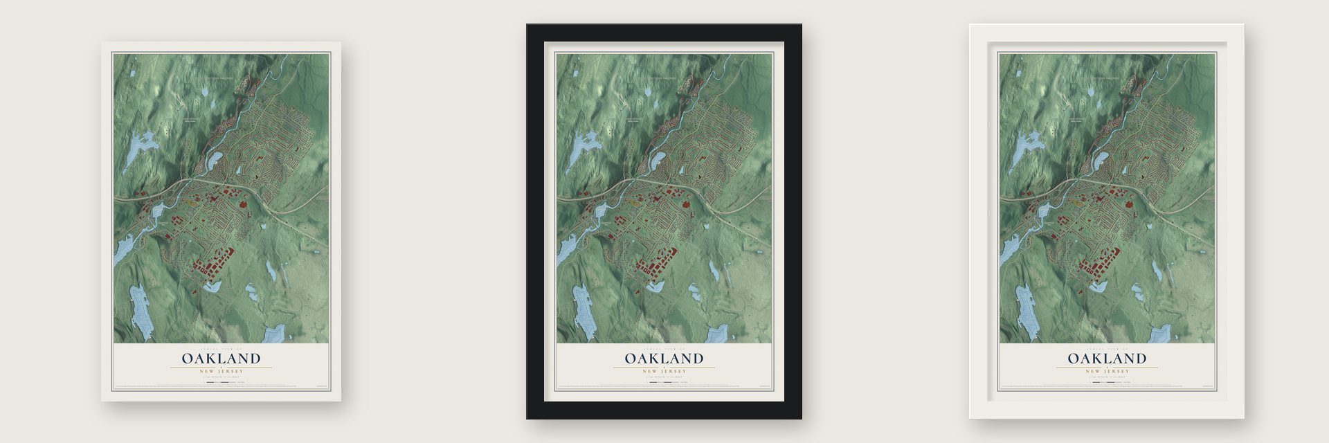 Oakland, New Jersey map unframed, in a black wood frame and in a white wood frame