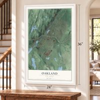 Oakland, New Jersey map, 24 x 36 inch print in a white frame by a staircase