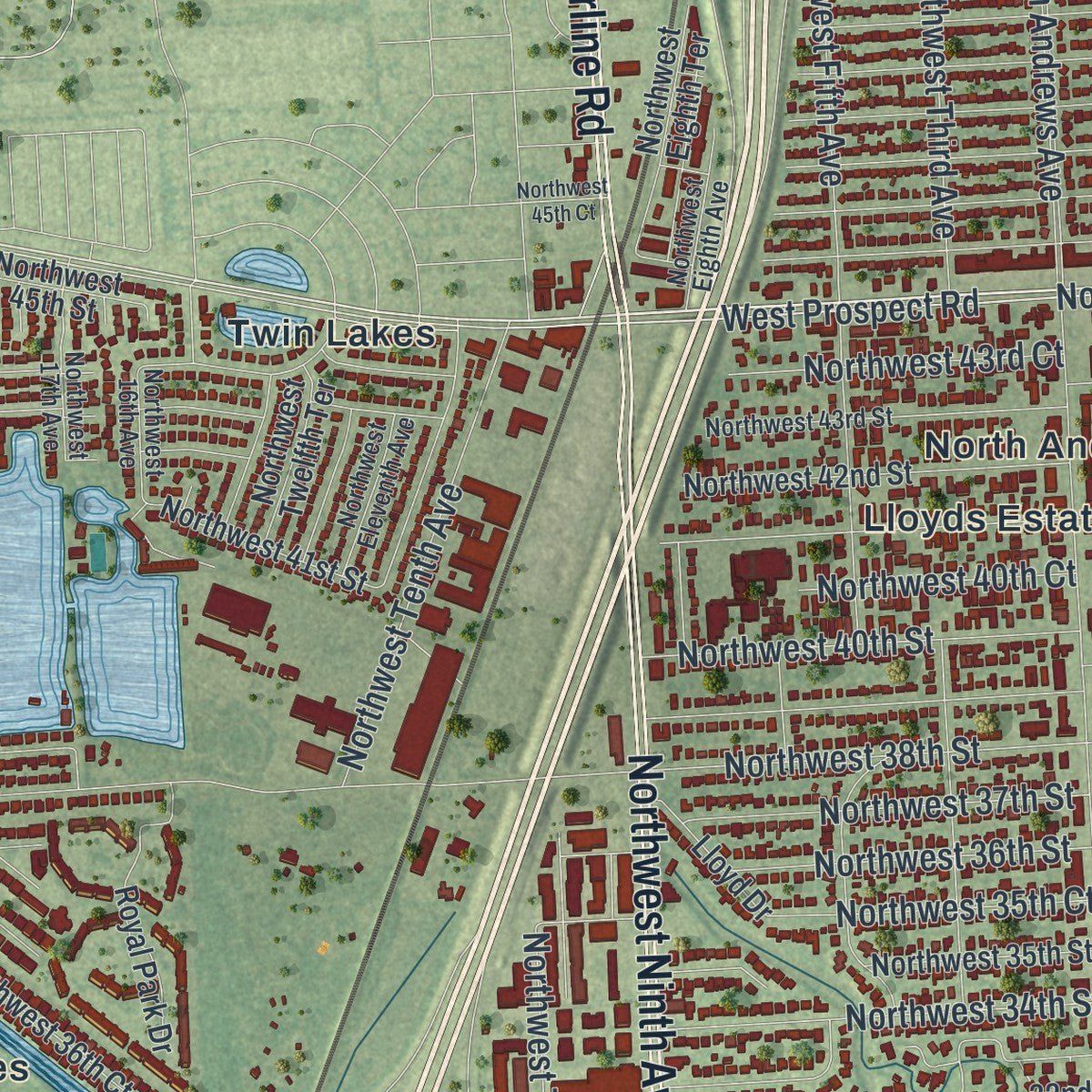 Second close-up of the map of Oakland Park, Florida print showing more streets and buildings