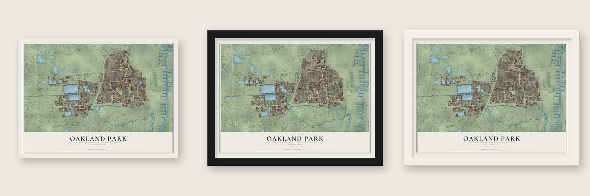 Oakland Park, Florida map unframed, in a black wood frame and in a white wood frame