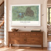 Oakland Park, Florida map, 24 x 36 inch print in a white frame above a dresser by a staircase