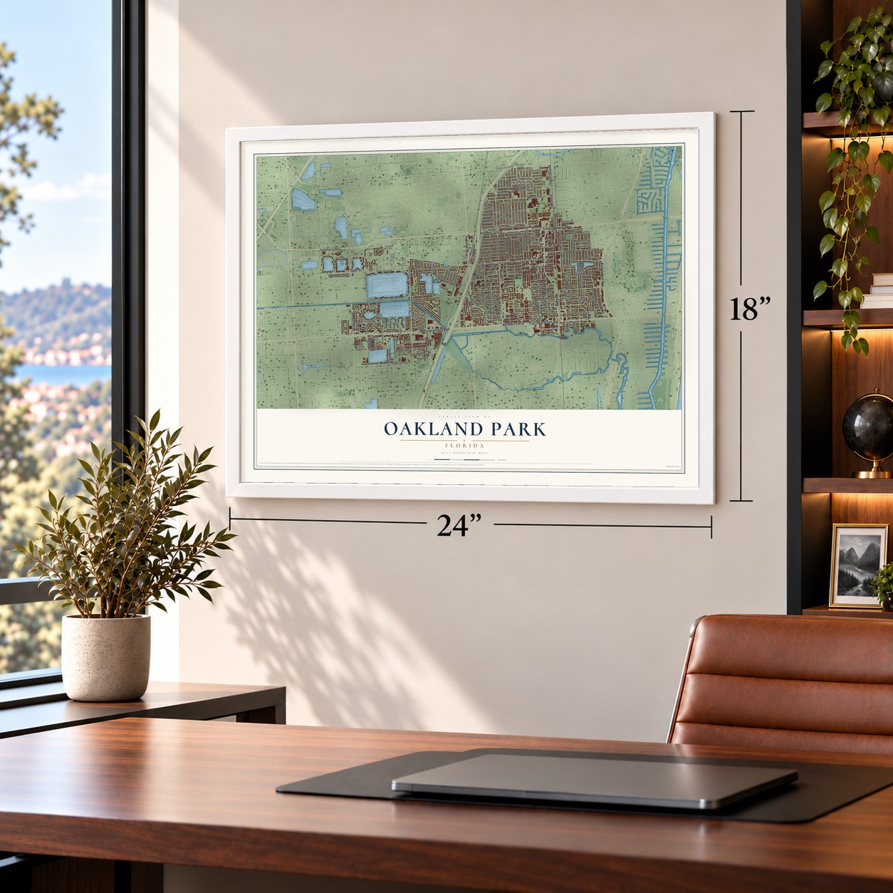 Oakland Park, Florida map, 18 x 24 inch print in a white frame in a home office