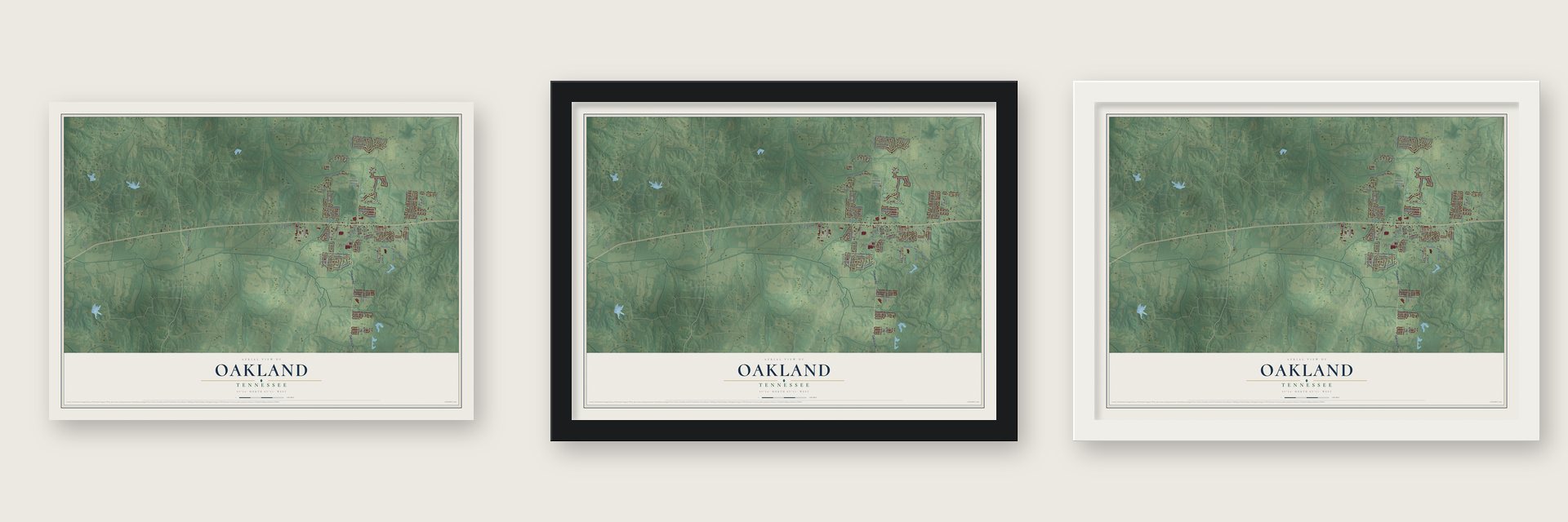 Oakland, Tennessee map unframed, in a black wood frame and in a white wood frame
