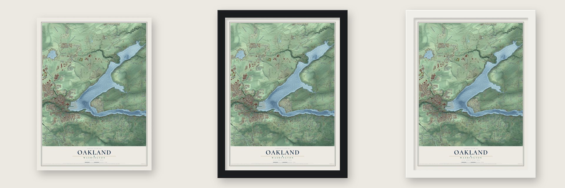 Oakland, Washington map unframed, in a black wood frame and in a white wood frame