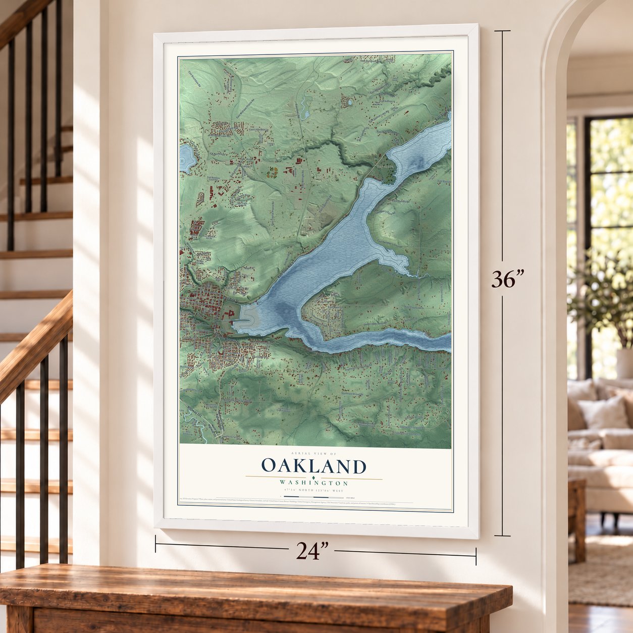 Oakland, Washington map, 24 x 36 inch print in a white frame by a staircase