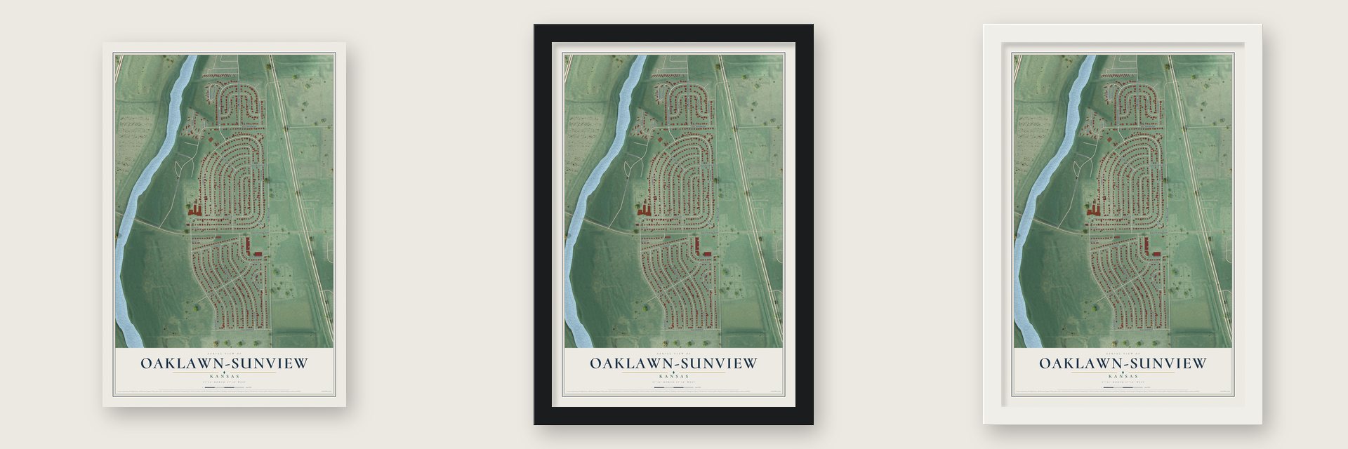 Oaklawn-Sunview, Kansas map unframed, in a black wood frame and in a white wood frame