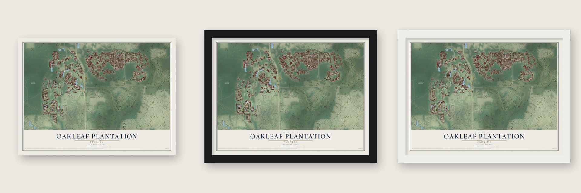 Oakleaf Plantation, Florida map unframed, in a black wood frame and in a white wood frame