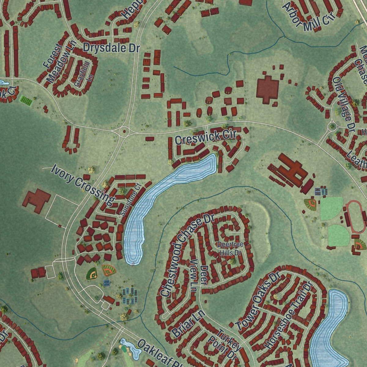 Second close-up of the map of Oakleaf Plantation, Florida print showing more streets and buildings