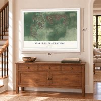 Oakleaf Plantation, Florida map, 24 x 36 inch print in a white frame above a dresser by a staircase