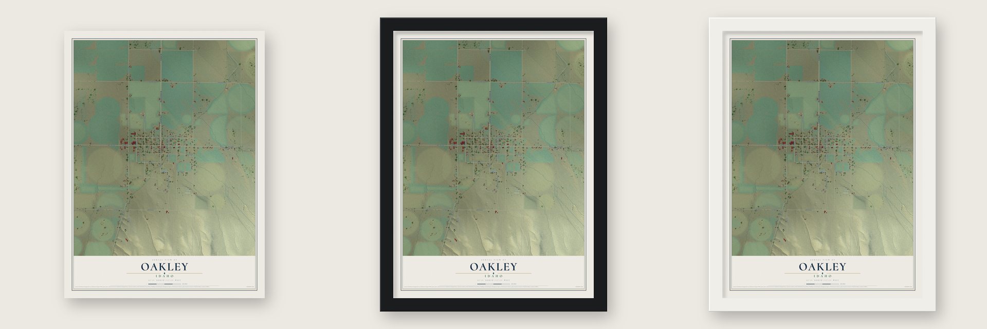 Oakley, Idaho map unframed, in a black wood frame and in a white wood frame