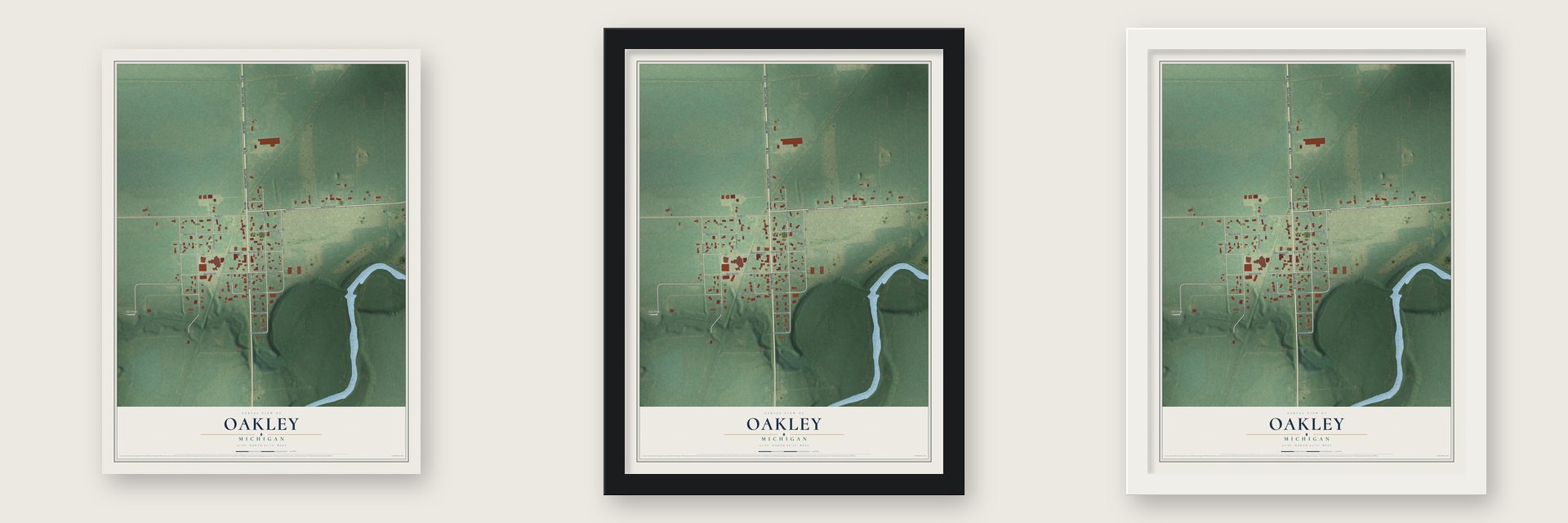 Oakley, Michigan map unframed, in a black wood frame and in a white wood frame