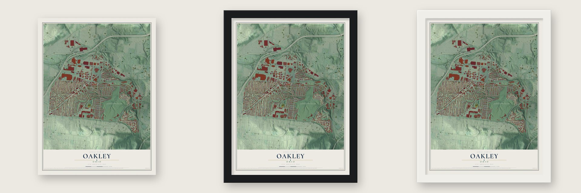 Oakley, Ohio map unframed, in a black wood frame and in a white wood frame