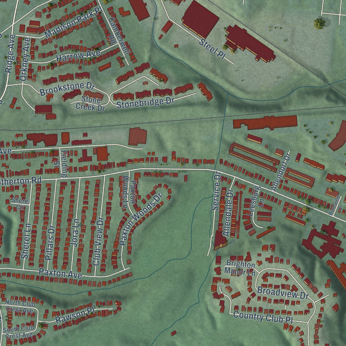 Second close-up of the map of Oakley, Ohio print showing more streets and buildings