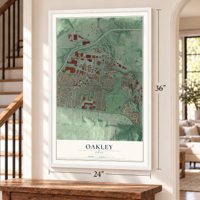 Oakley, Ohio map, 24 x 36 inch print in a white frame by a staircase