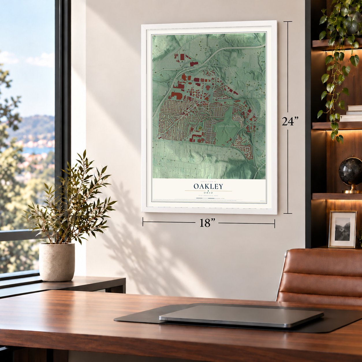 Oakley, Ohio map, 18 x 24 inch print in a white frame in a home office