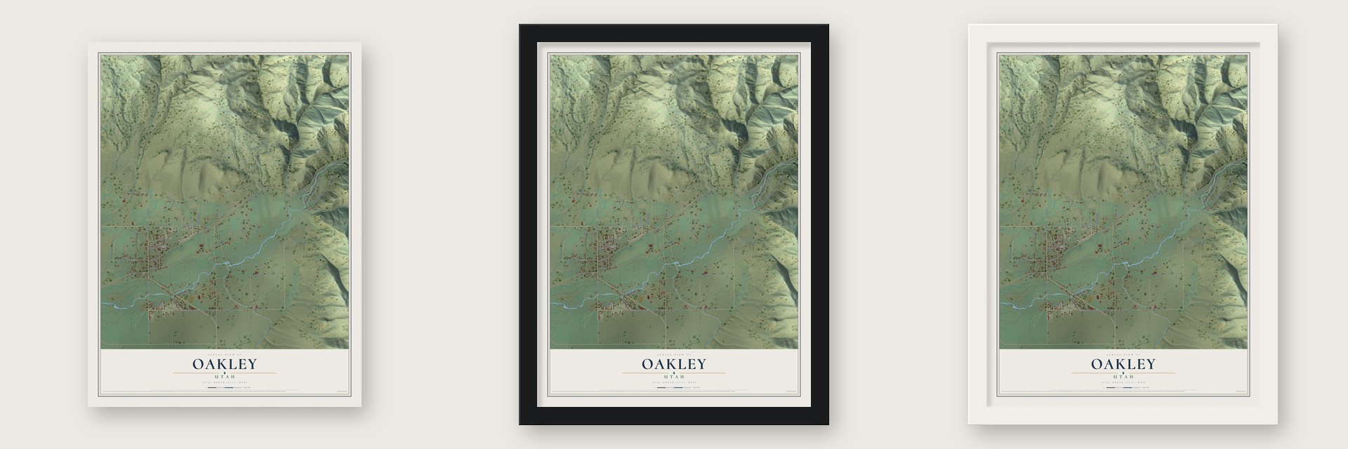 Oakley, Utah map unframed, in a black wood frame and in a white wood frame