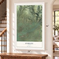 Oakley, Utah map, 24 x 36 inch print in a white frame by a staircase