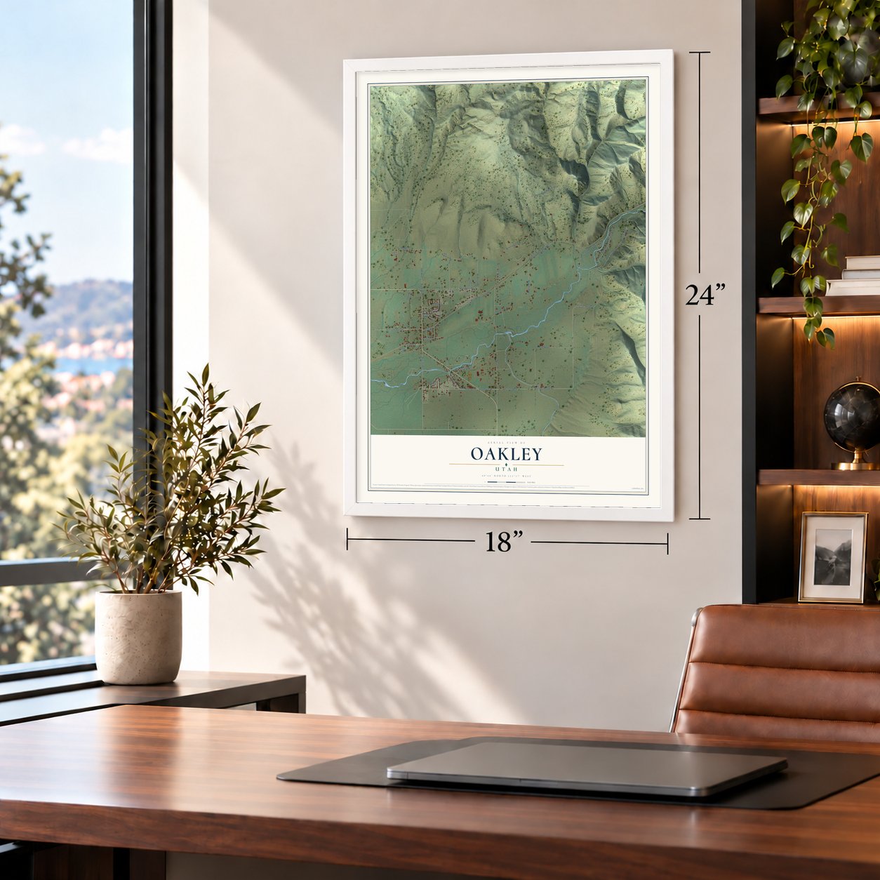 Oakley, Utah map, 18 x 24 inch print in a white frame in a home office