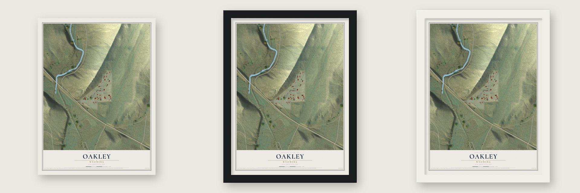 Oakley, Wyoming map unframed, in a black wood frame and in a white wood frame