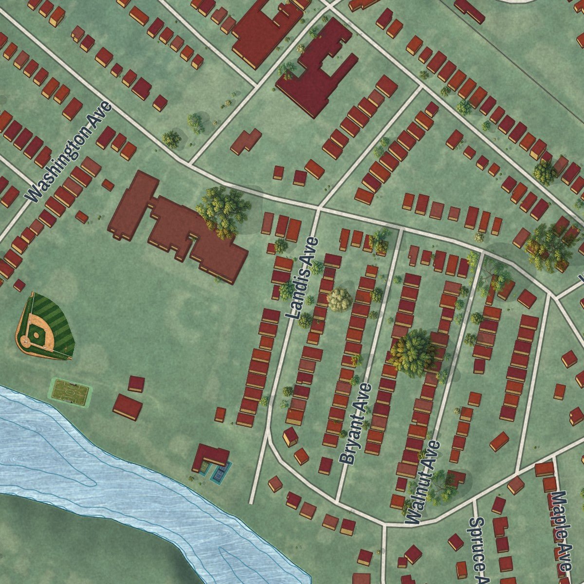 Second close-up of the map of Oaklyn, New Jersey print showing more streets and buildings